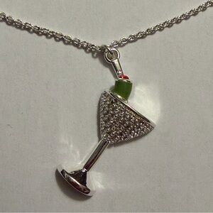 Silver Martini Glass Pendant Necklace with Green Accent